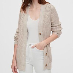 GAP Longline Shaker Knit Button Cardigan Sweater Oatmeal Cottagecore Grandpa Dad